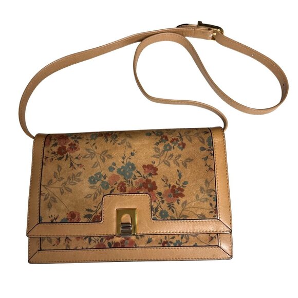 Bally Evening Bag Purse Brown Leather Floral Suede Gold Clasp New Elegant Italy - Picture 1 of 10
